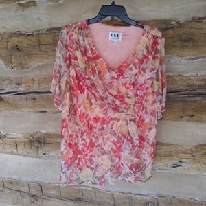 3/$12 KSL Red & Yellow Floral Print V Neck Flutter Sleeve Blouse Size 18W